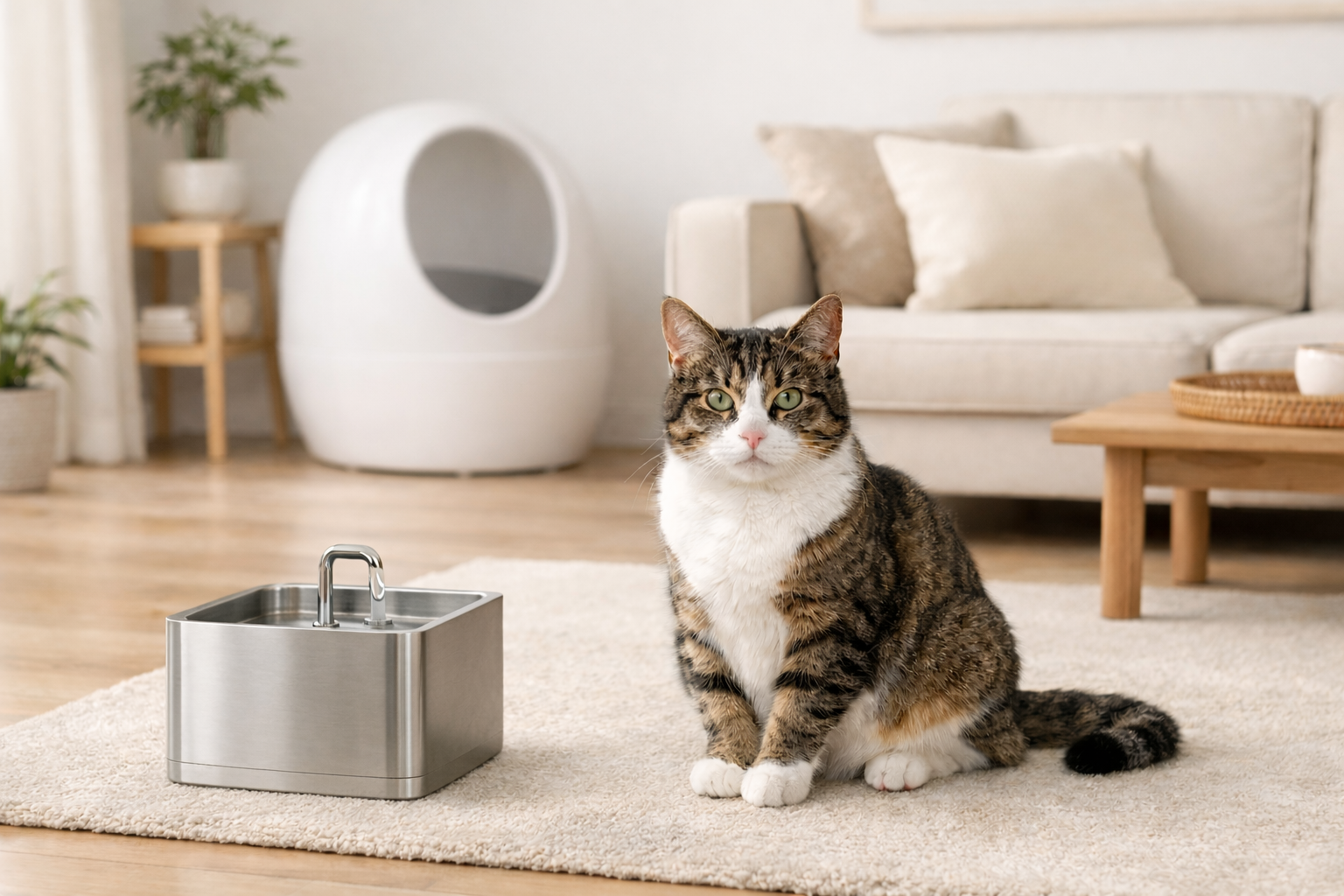 Modern living room with a healthy tabby cat, stainless steel cat water fountain, and automatic self-cleaning litter box