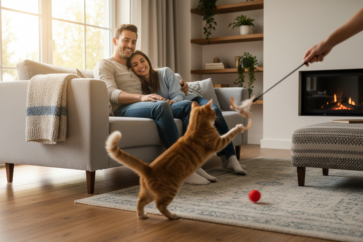 owners feeling elieved and a cat playing